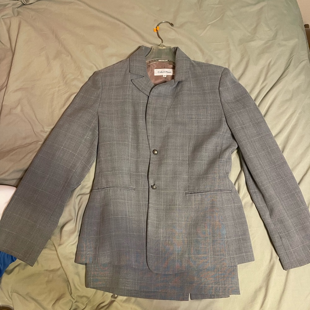 Calvin Klein Light Gray Plaid Skirt Suit
